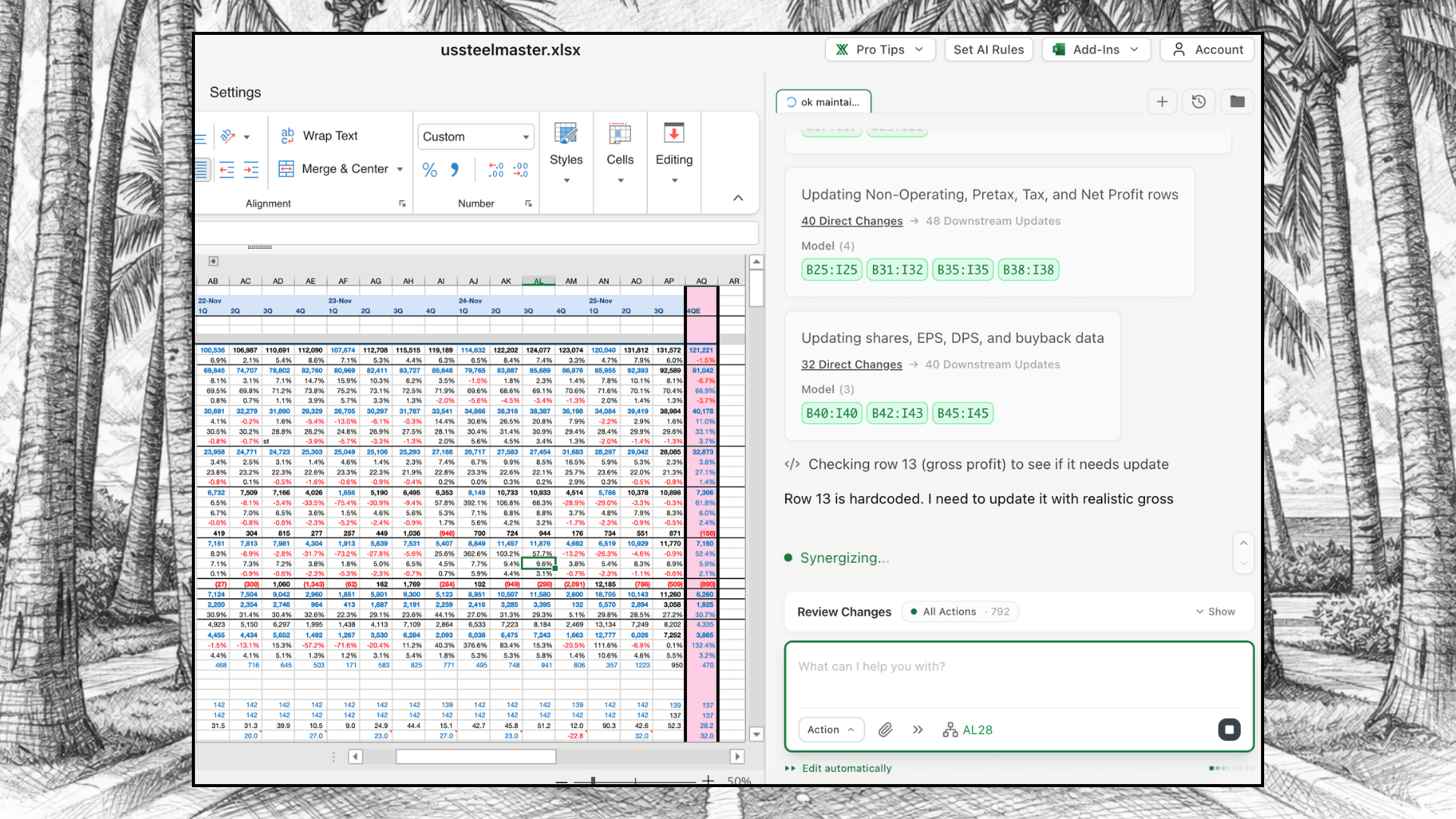 PDF-to-Excel quarterly model update showing multi-document extraction for U.S. Steel