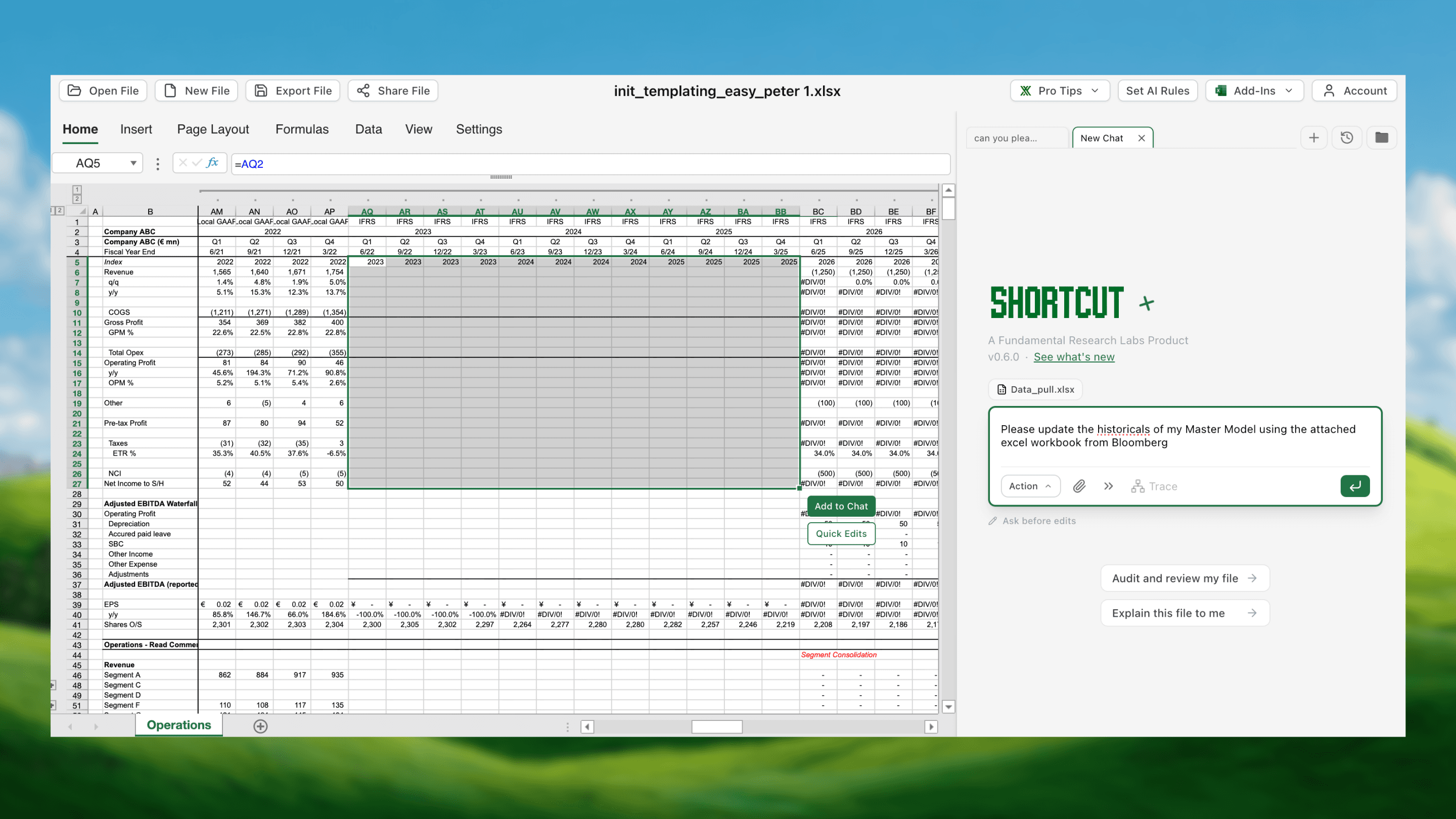 Quarterly earnings template automation showing financial extraction and model building