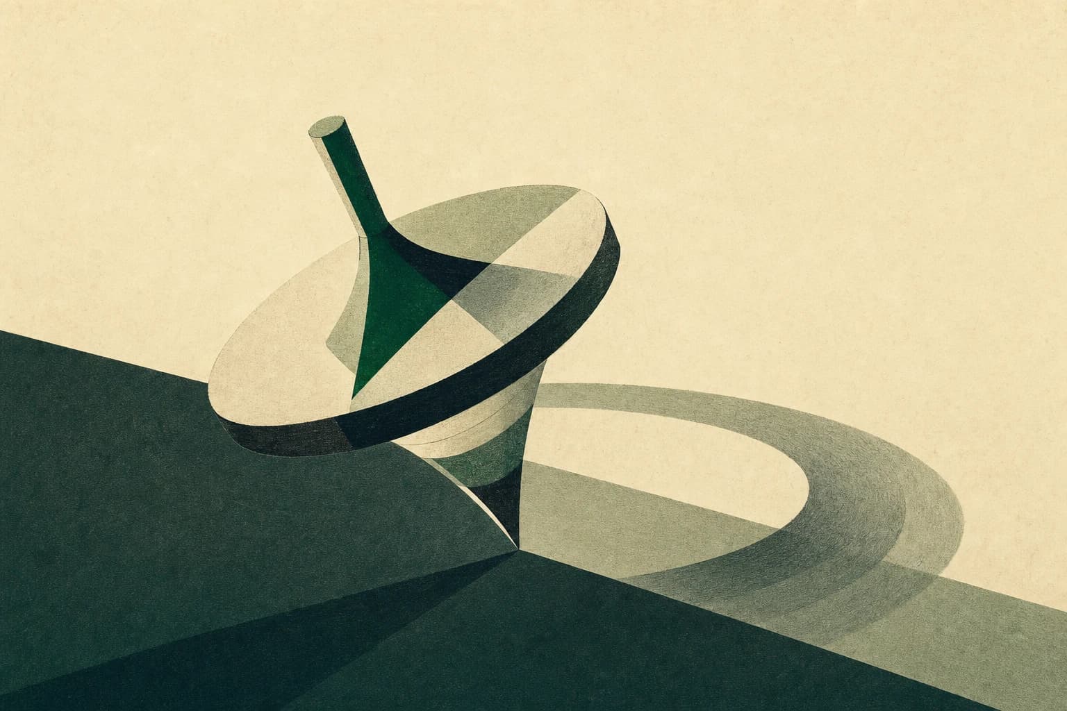 An editorial illustration of a spinning top pivoting in motion