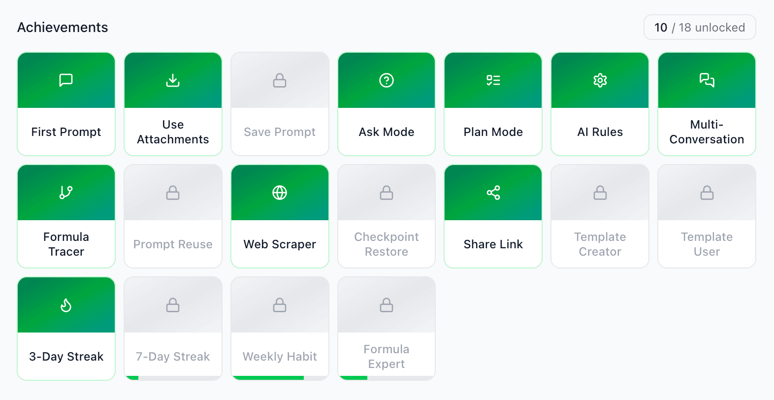 Shortcut achievements grid showing unlocked badges like First Prompt, Use Attachments, Save Prompt, Ask Mode, Plan Mode, AI Rules, Multi-Conversation, Formula Tracer, and more