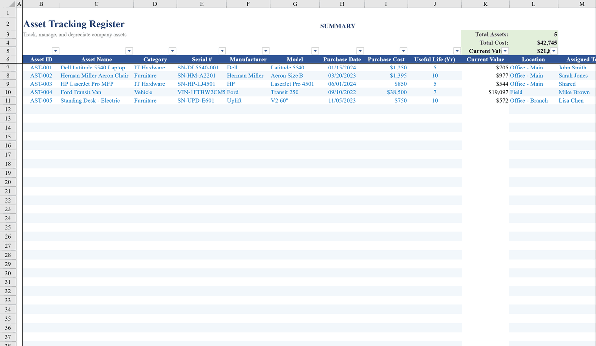 Free Asset Tracking Template for Excel | Shortcut