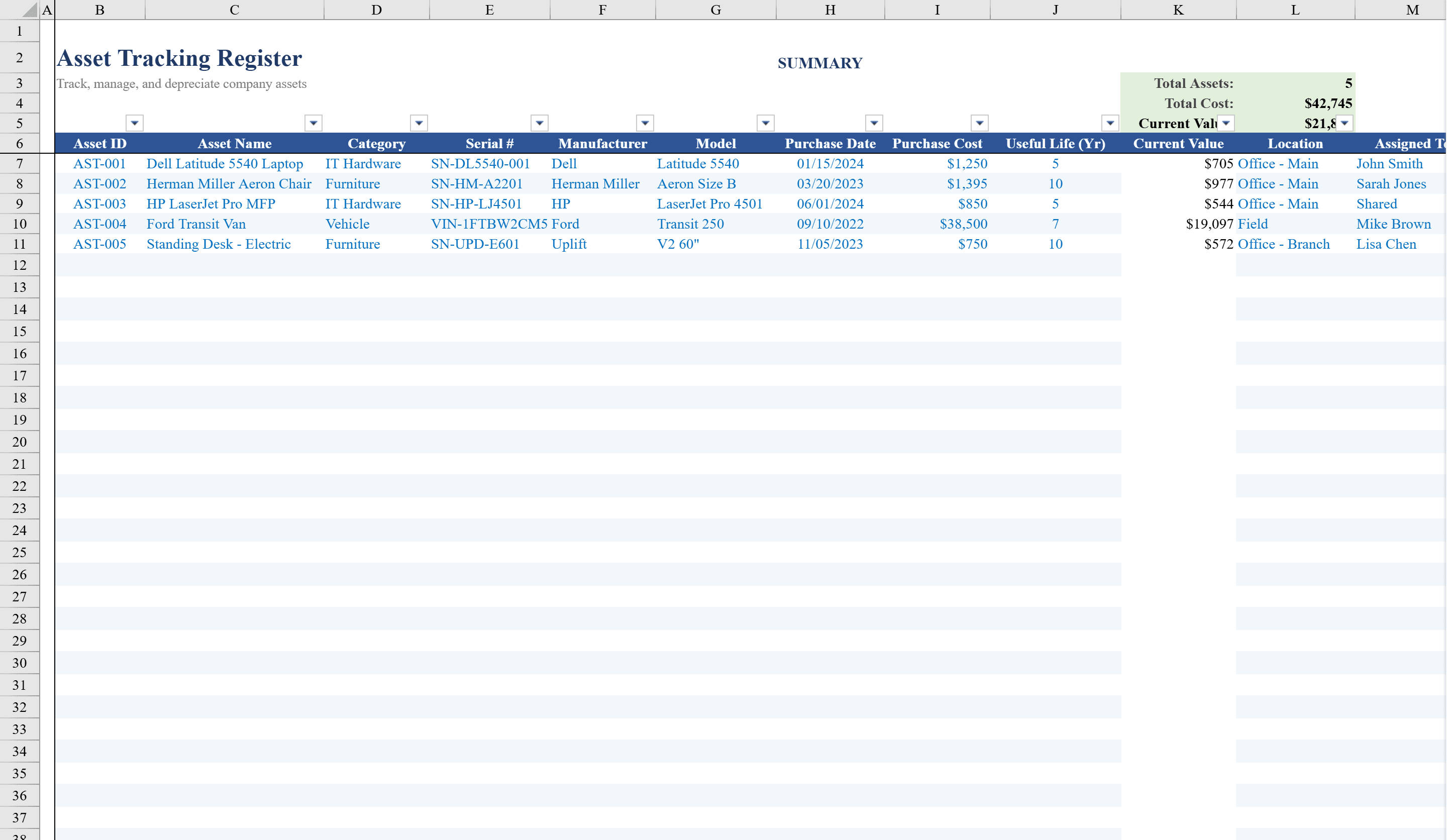 Preview of Asset Tracking Template