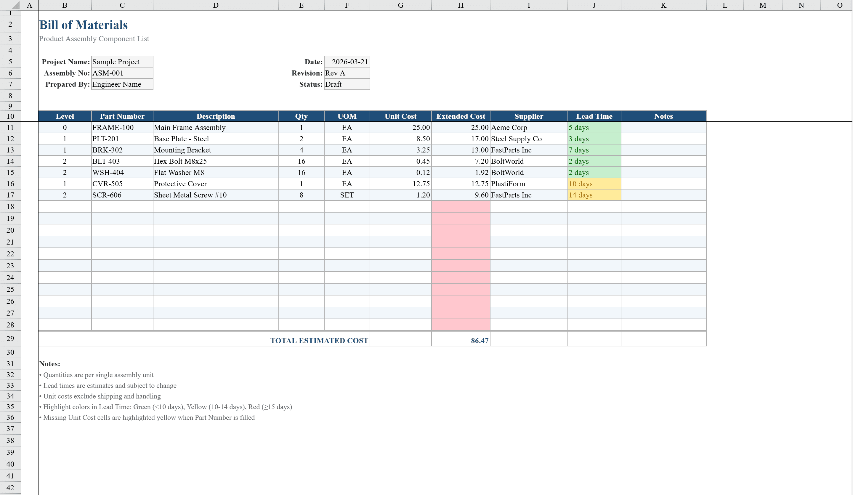 Preview of Bill of Materials Template