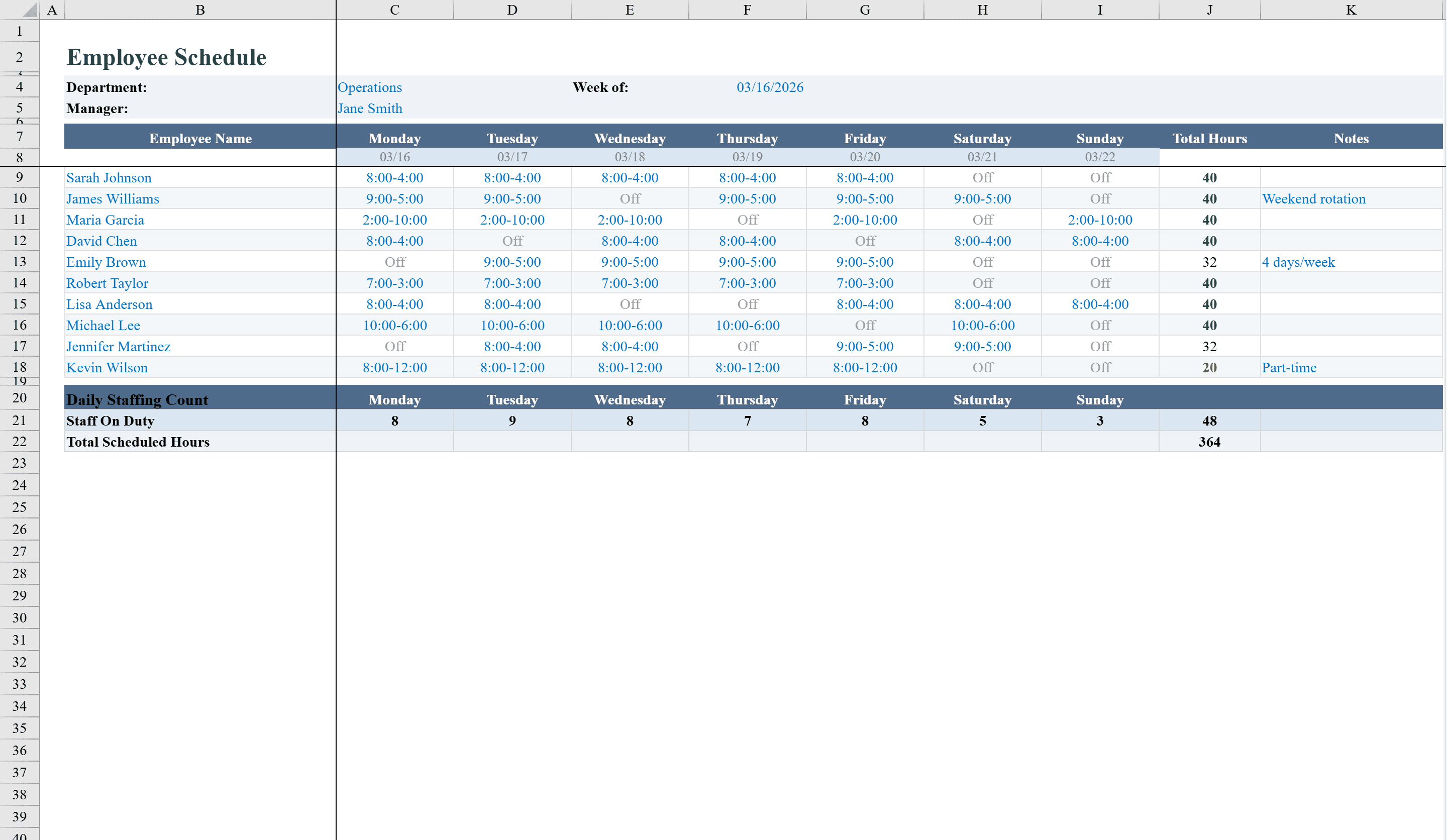 Preview of Employee Schedule Template
