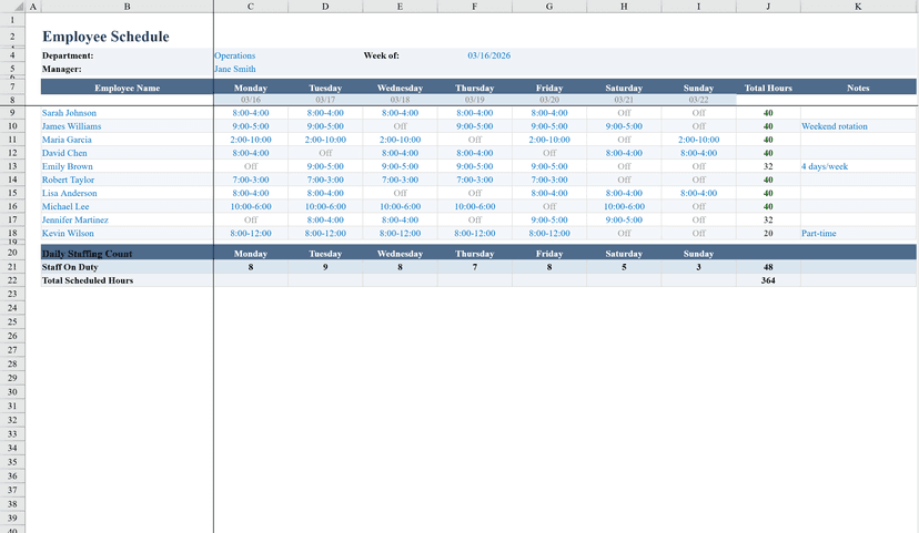 Free Employee Schedule Template for Excel | Shortcut