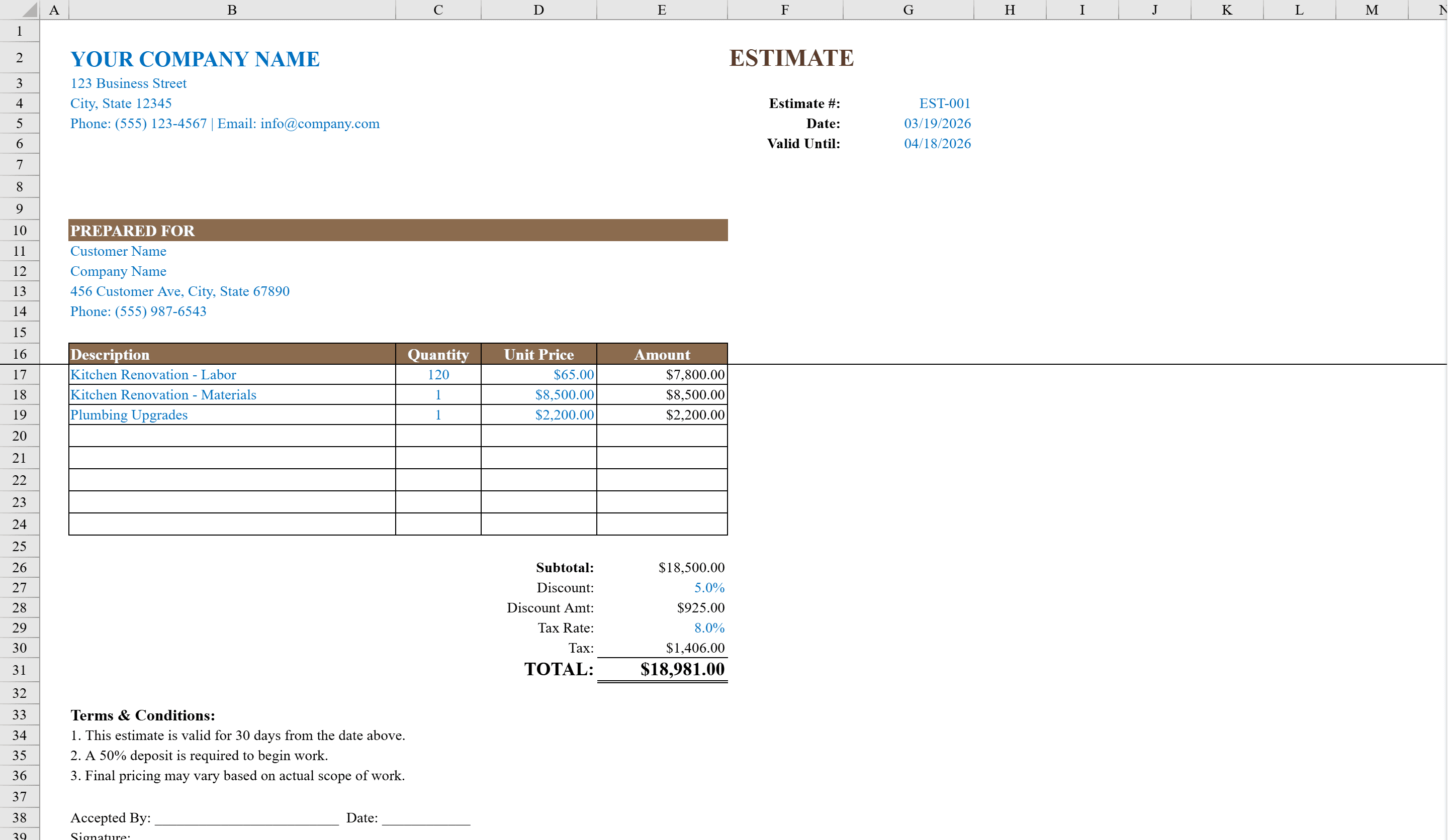 Preview of Estimate Template