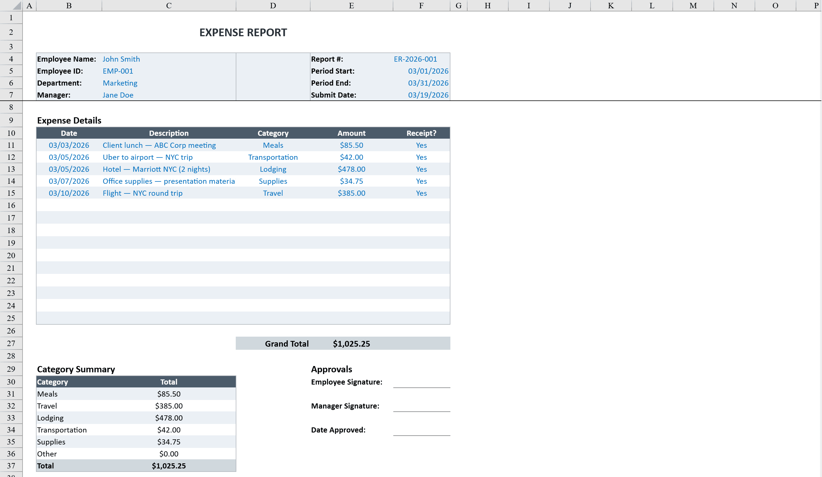 Preview of Expense Report Template