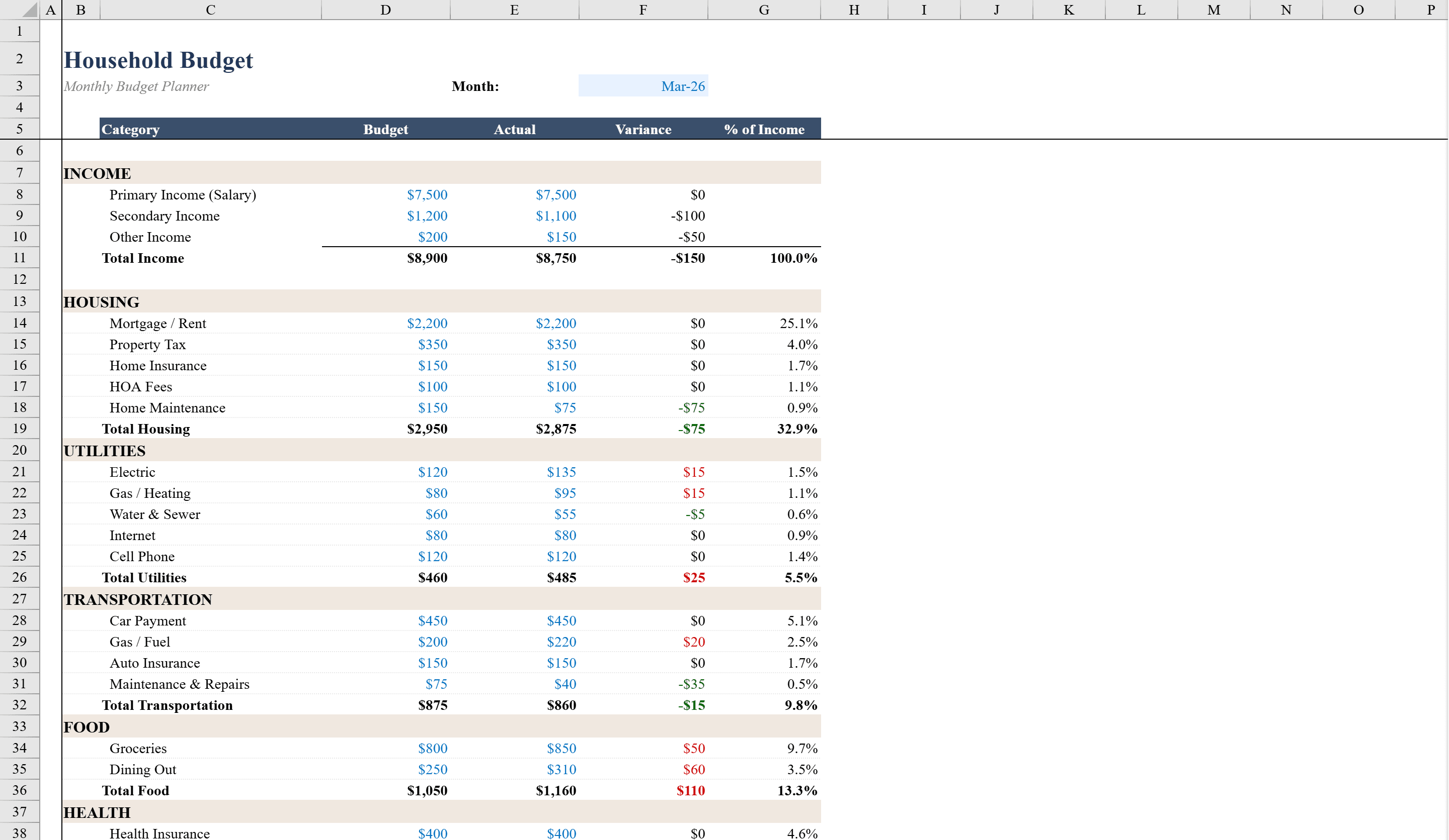 Preview of Household Budget Template