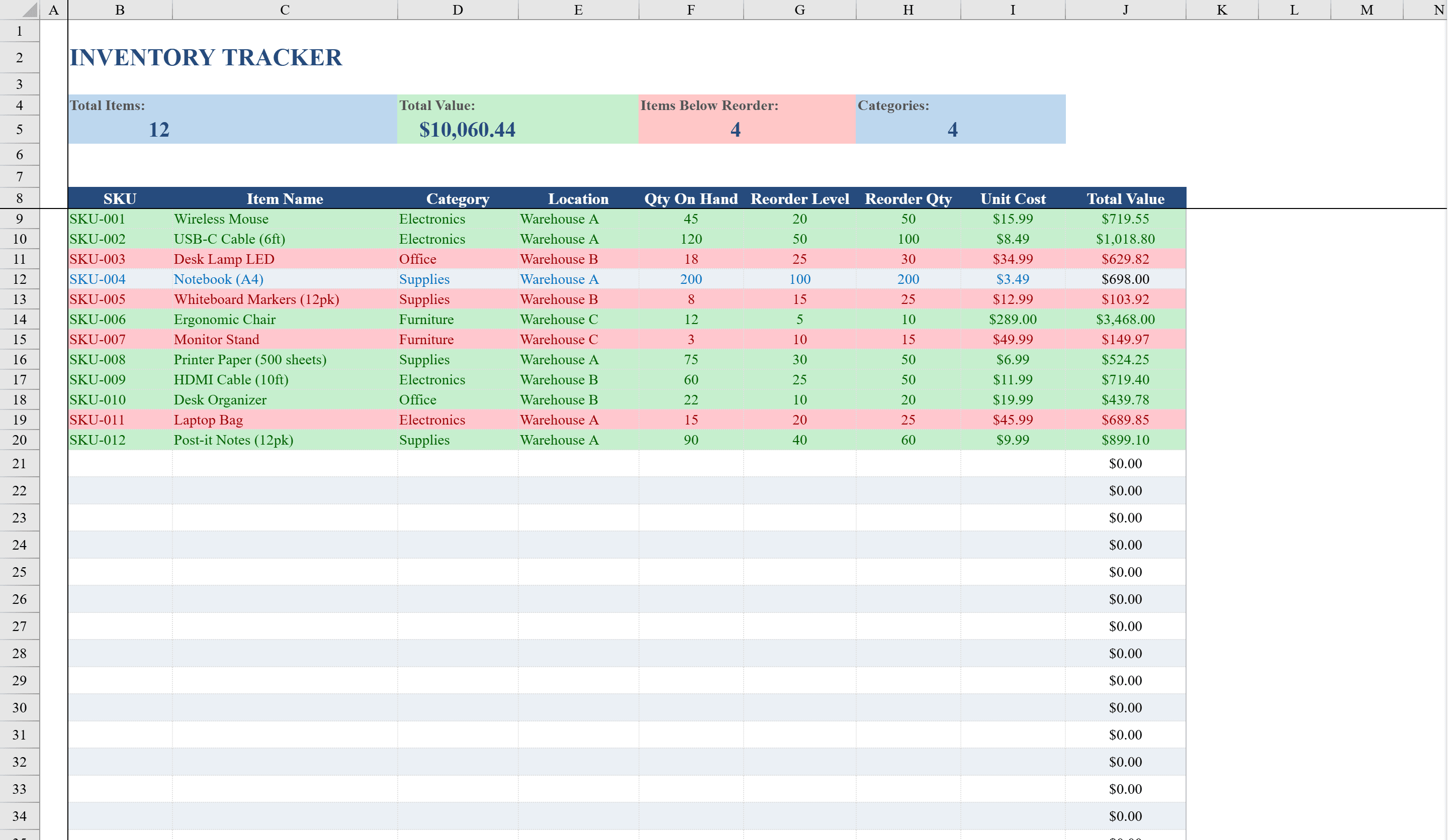 Preview of Inventory Spreadsheet