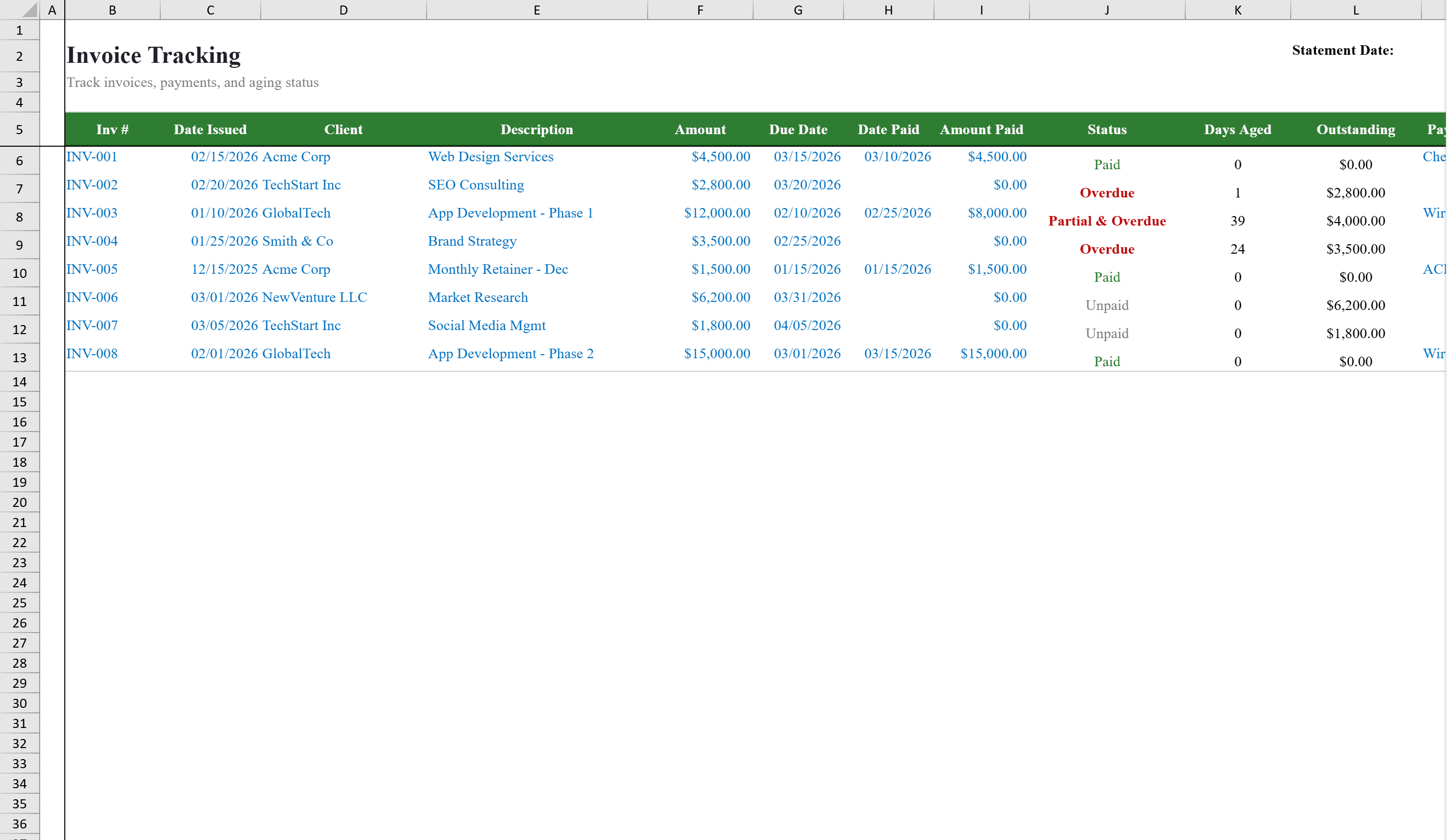 Preview of Invoice Tracking Template