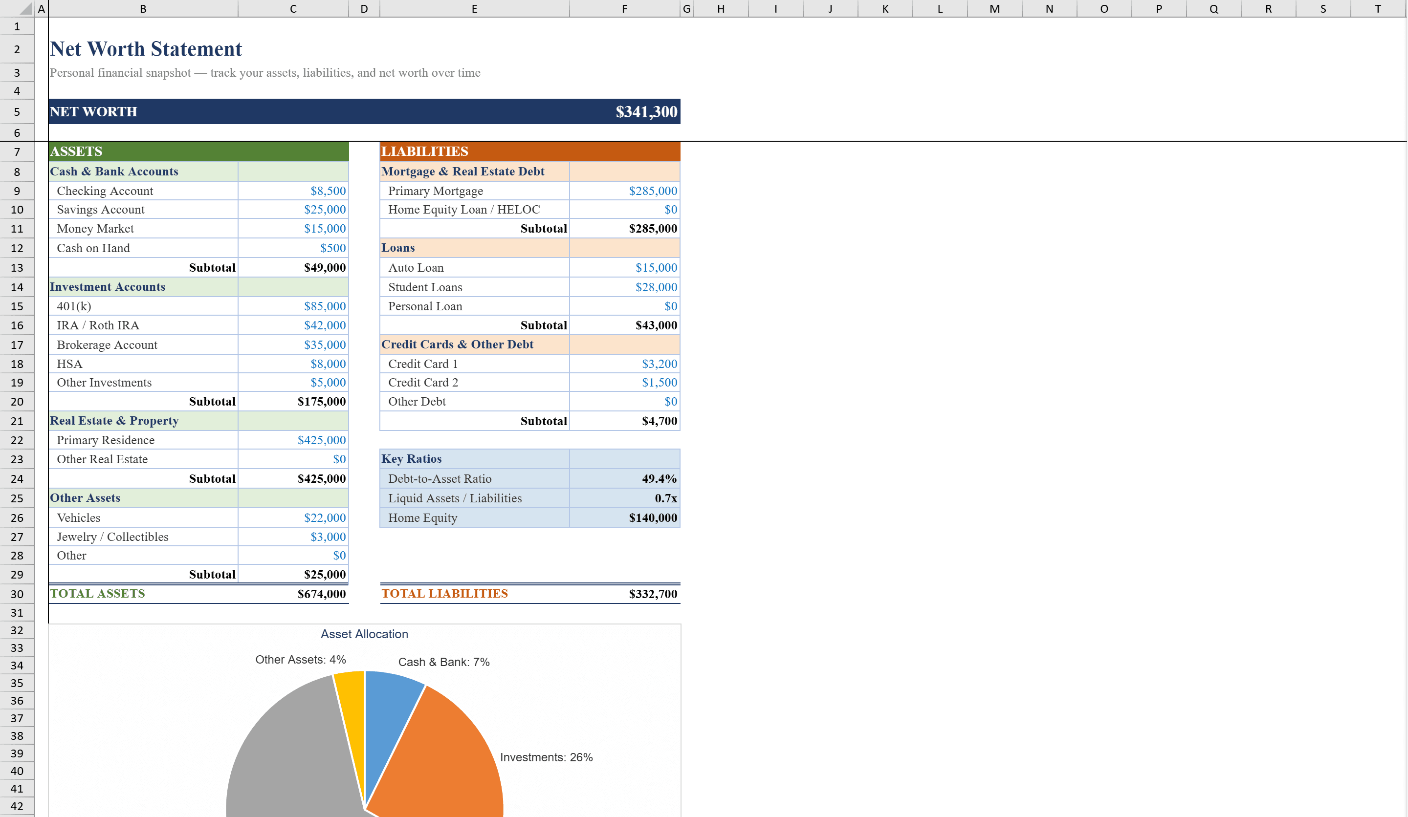 Preview of Net Worth Spreadsheet