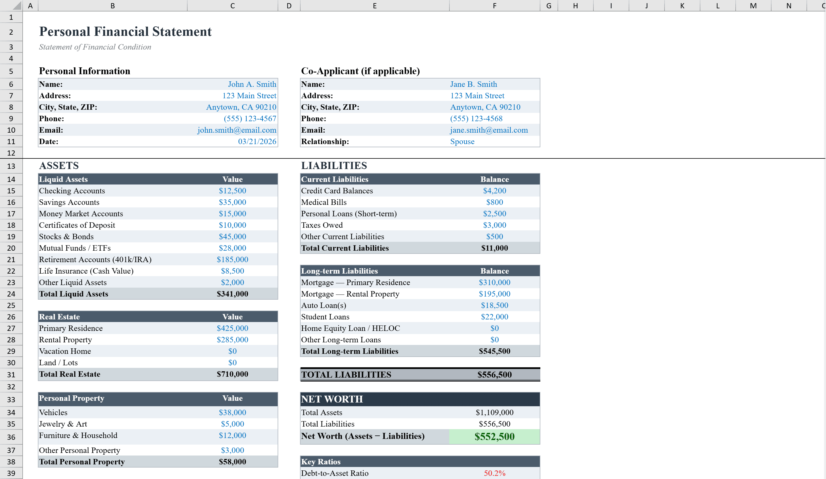 Preview of Personal Financial Statement Template