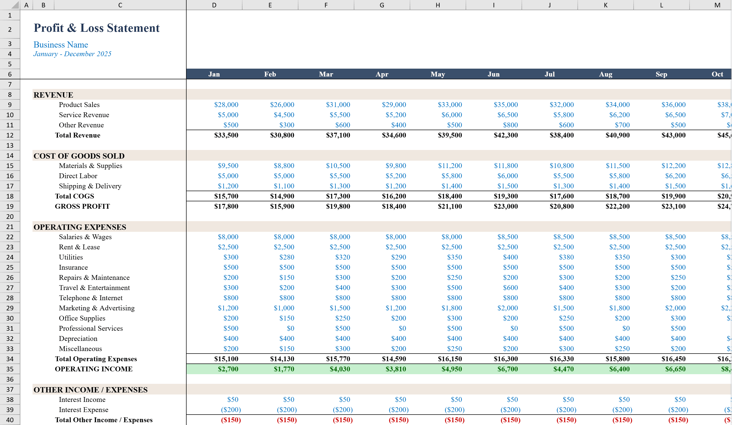 Preview of Profit and Loss Template