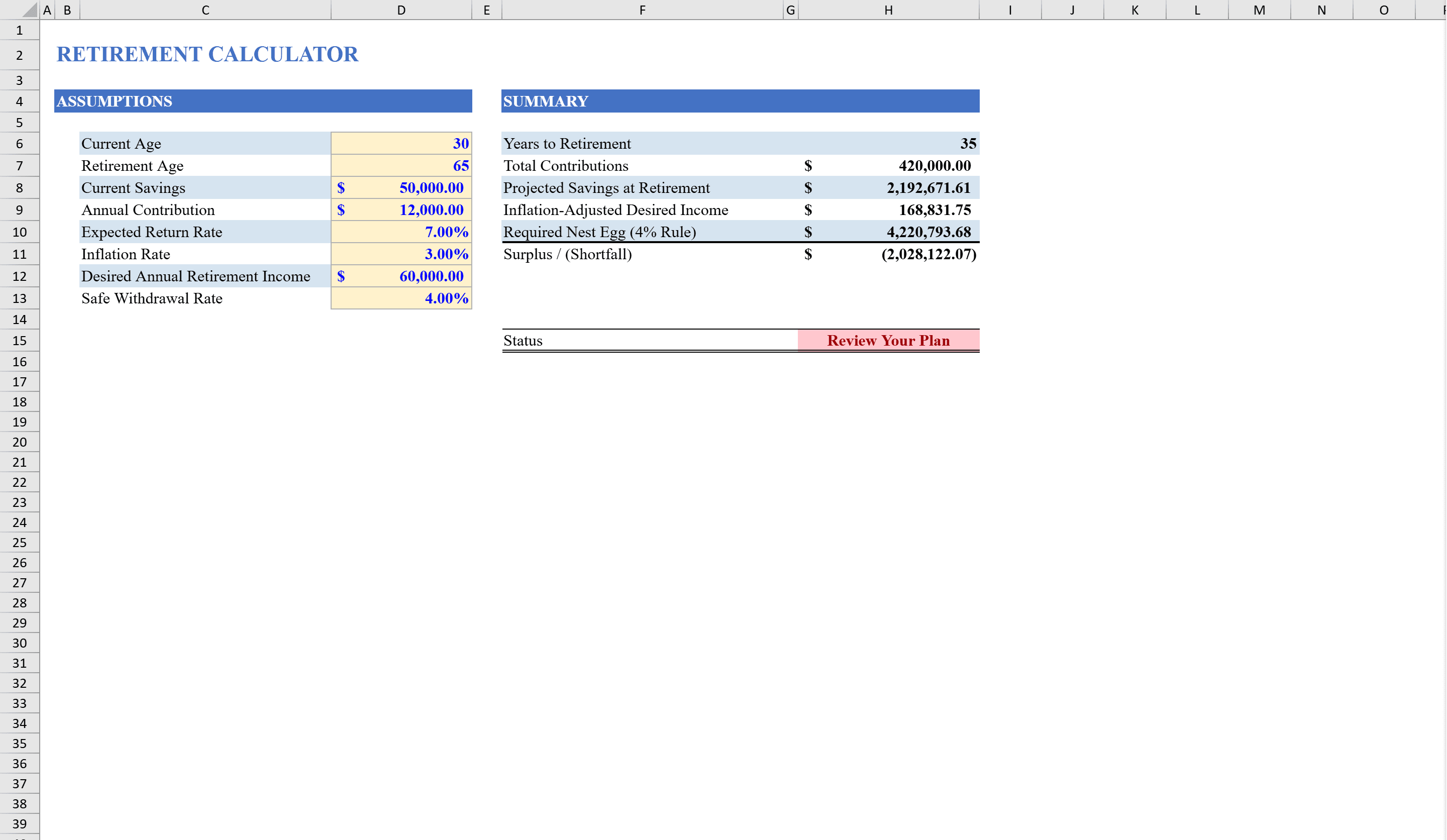 Preview of Retirement Calculator