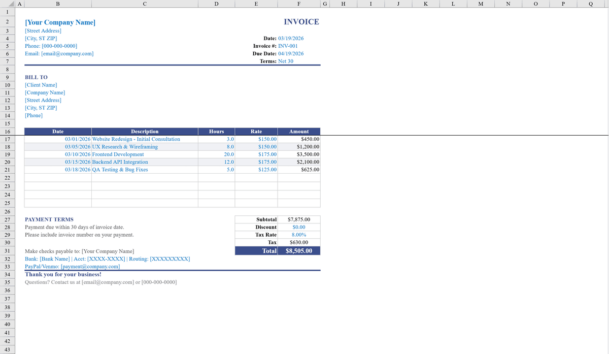 Free Service Invoice Template for Excel | Shortcut