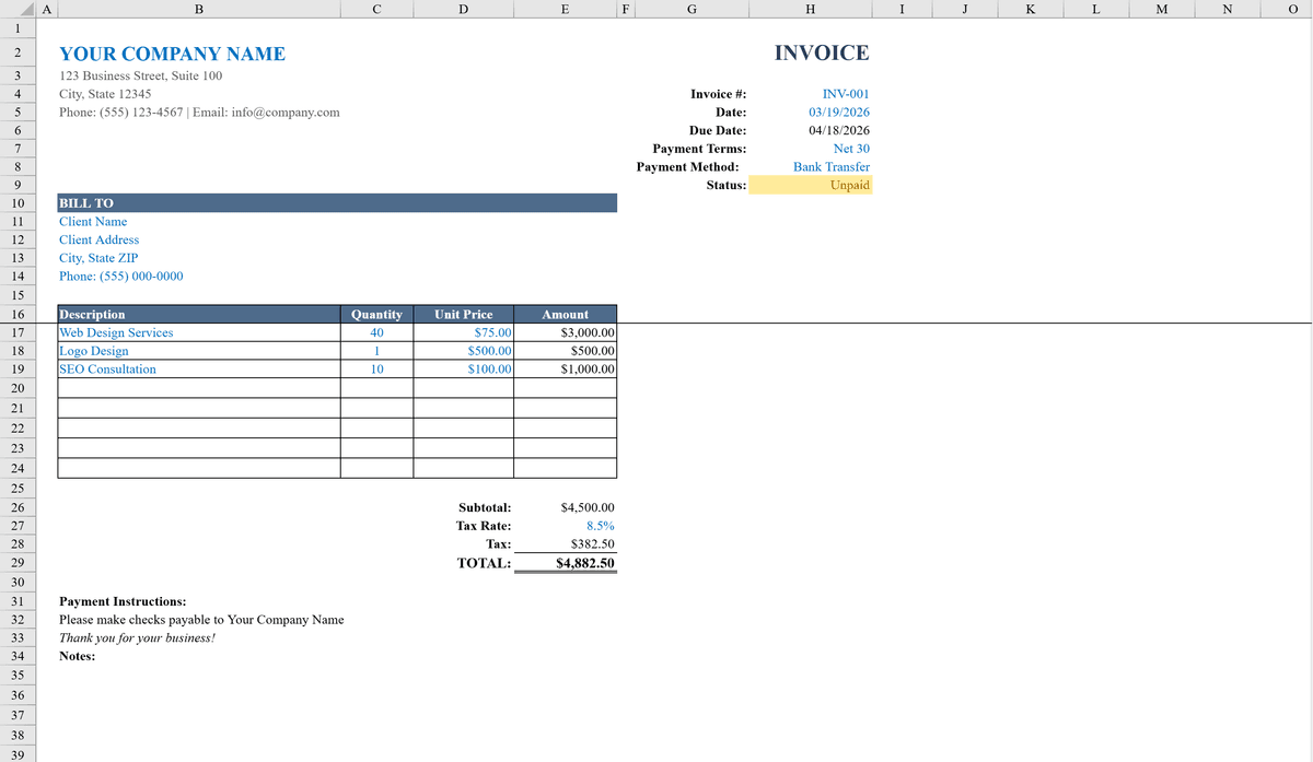 Free Simple Invoice Template for Excel | Shortcut