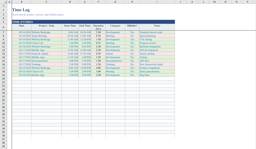 Free Time Log Template for Excel | Shortcut