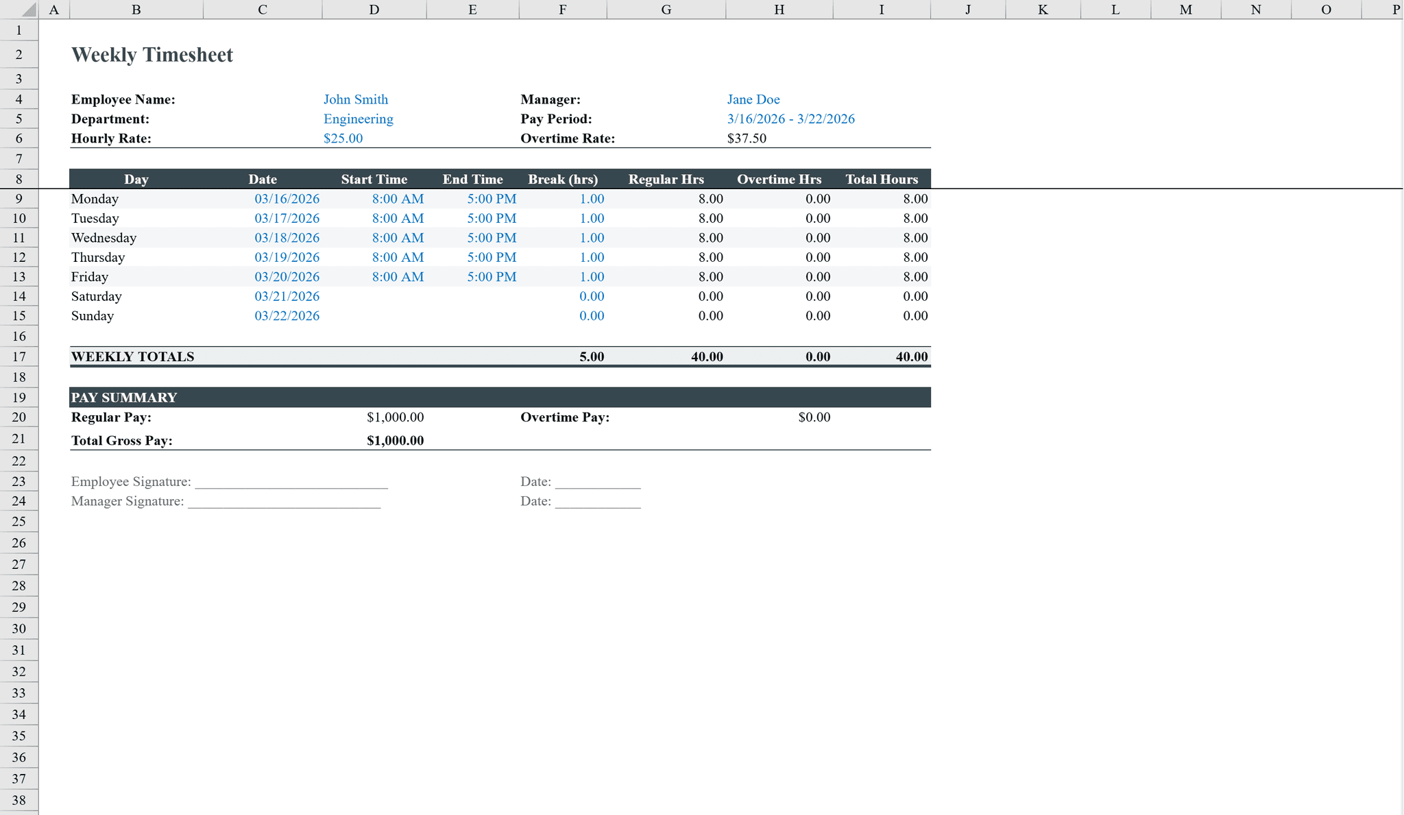 Free Timesheet Template for Excel | Shortcut
