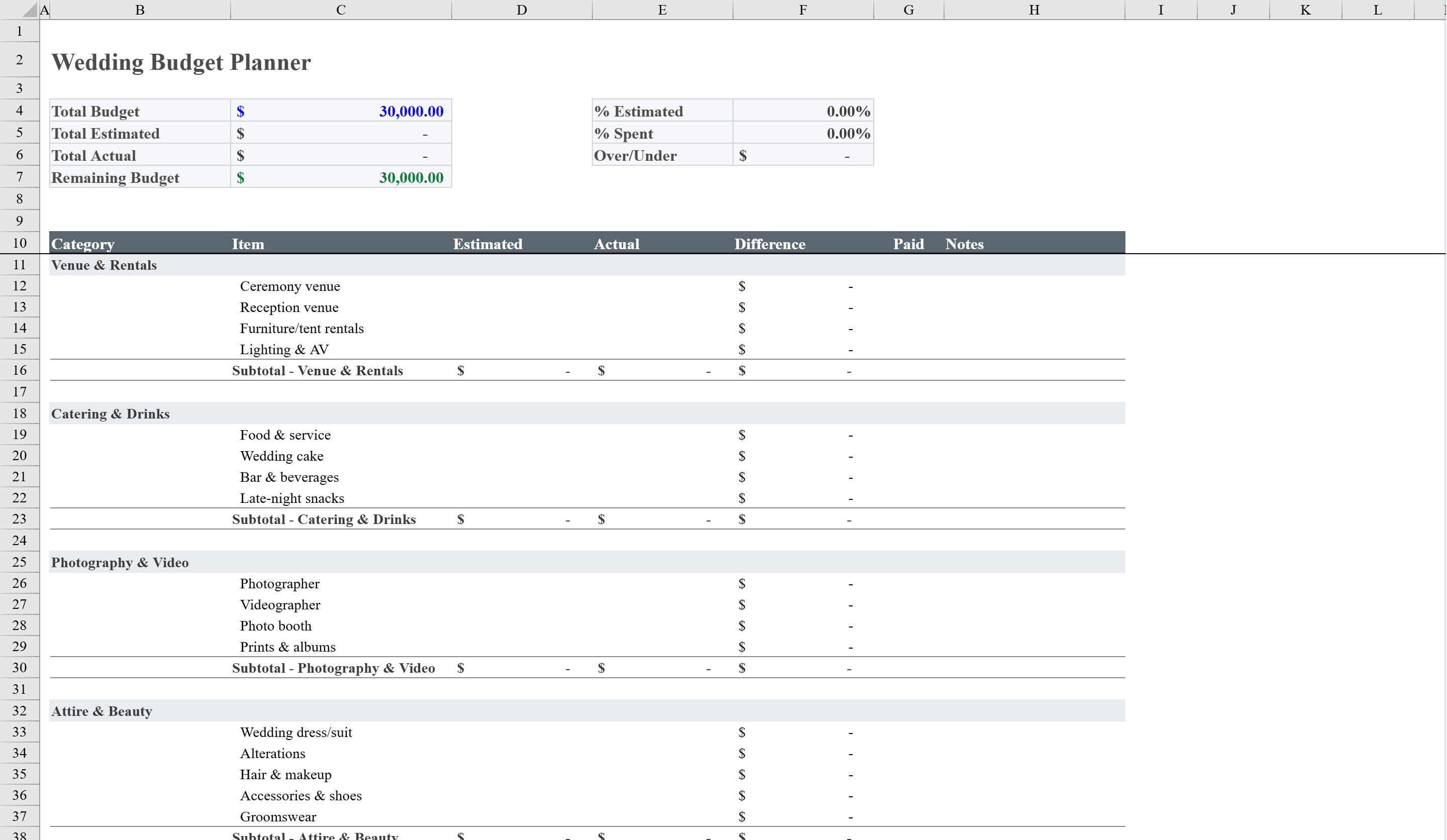 Preview of Wedding Budget Template