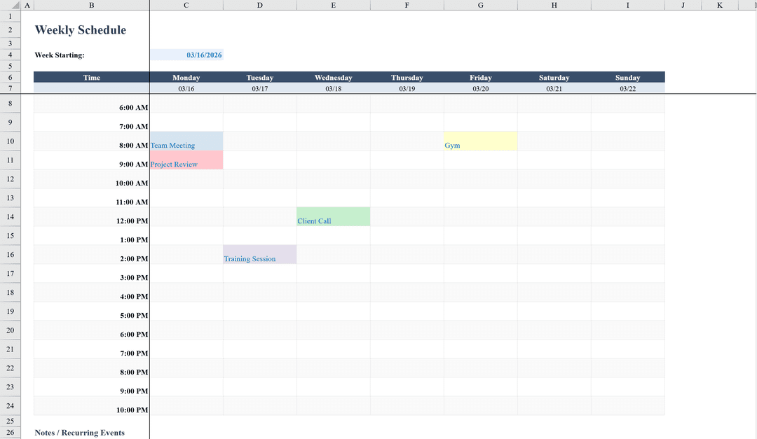 Free Weekly Schedule Template for Excel | Shortcut