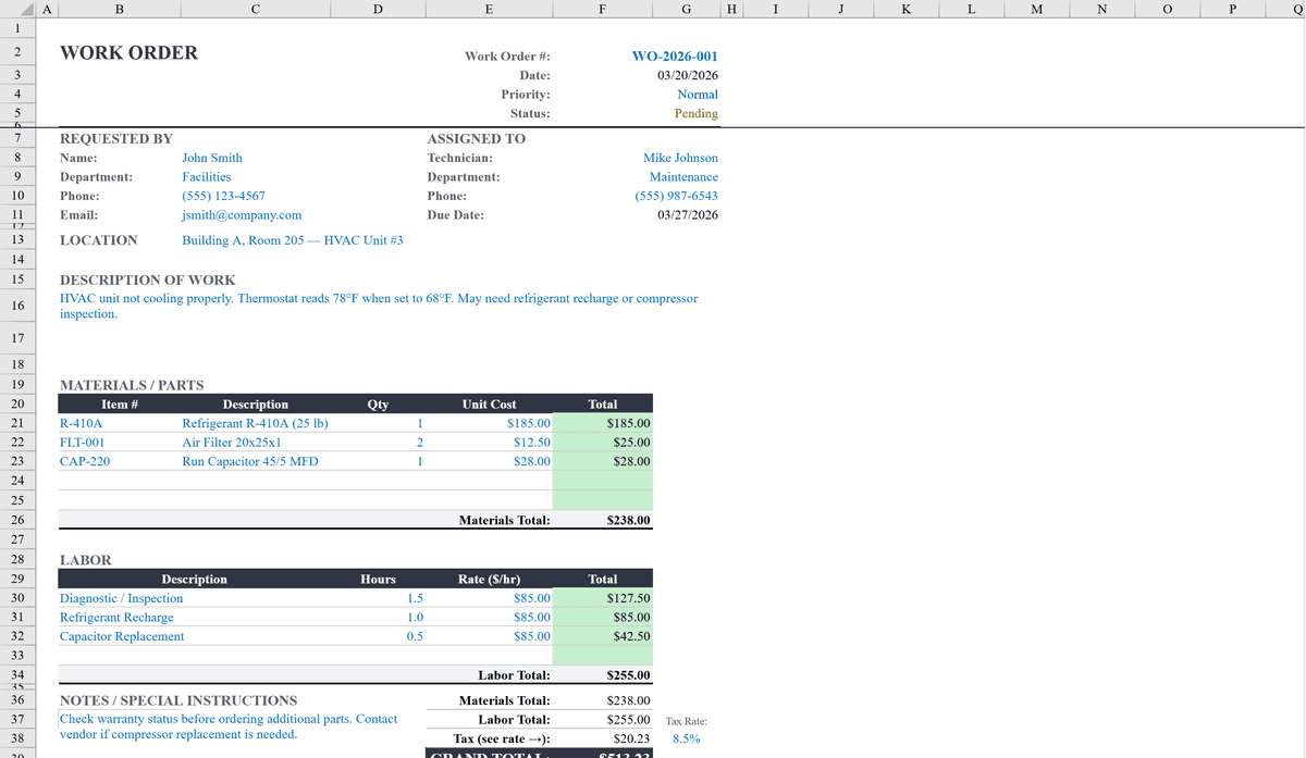 Free Work Order Template for Excel | Shortcut