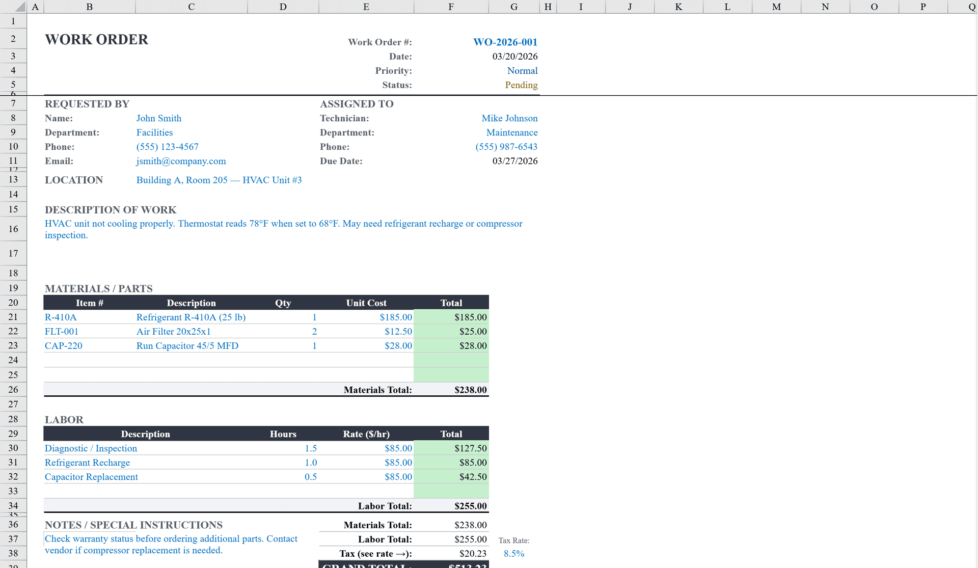 Free Work Order Template for Excel | Shortcut