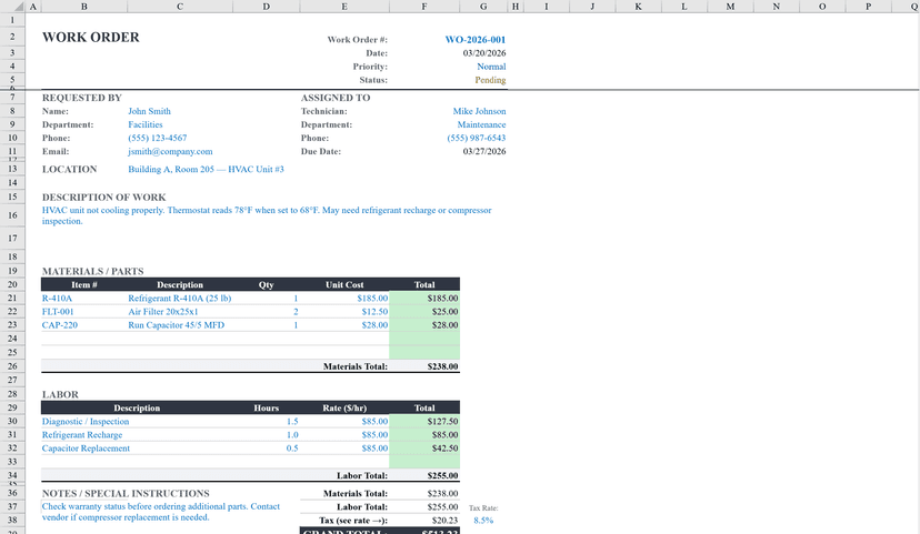 Free Work Order Template for Excel | Shortcut