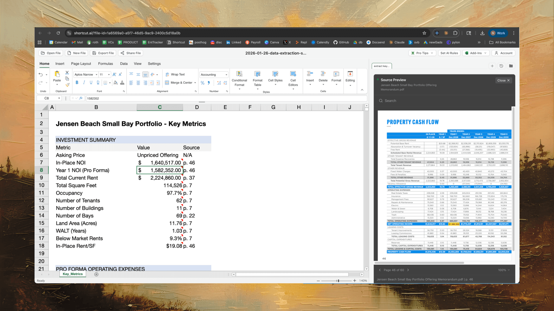 Shortcut showing source citations with PDF preview alongside extracted data in Excel