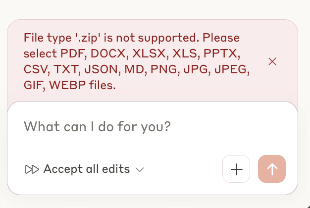 Claude error when uploading zip folders