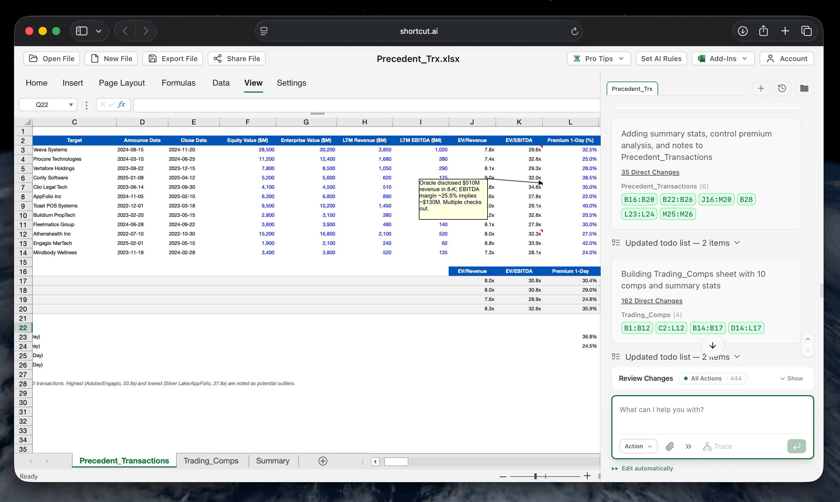 Precedent transactions analysis with source citations and summary statistics