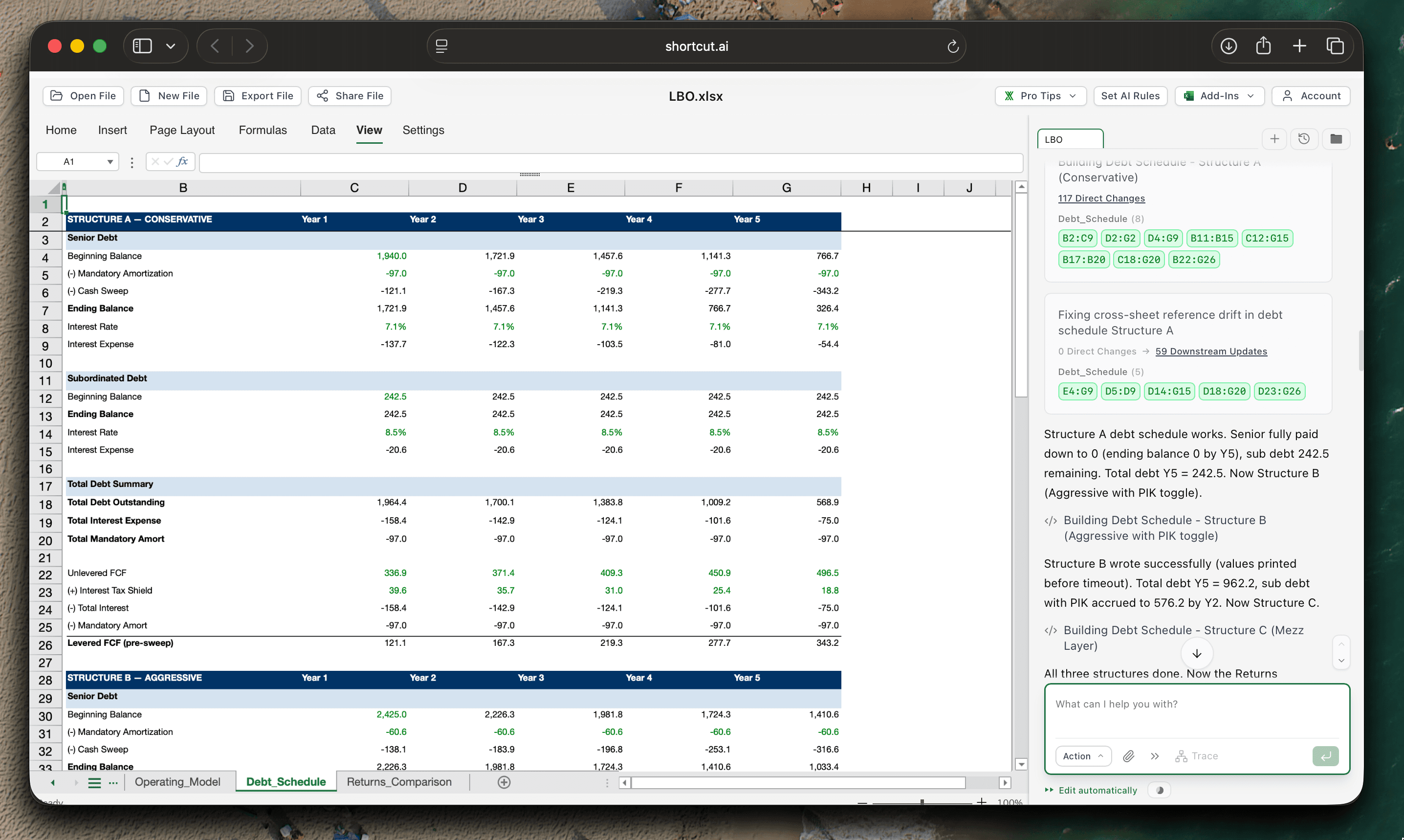LBO debt schedule and structure comparison with leverage, coverage, and deleveraging outputs