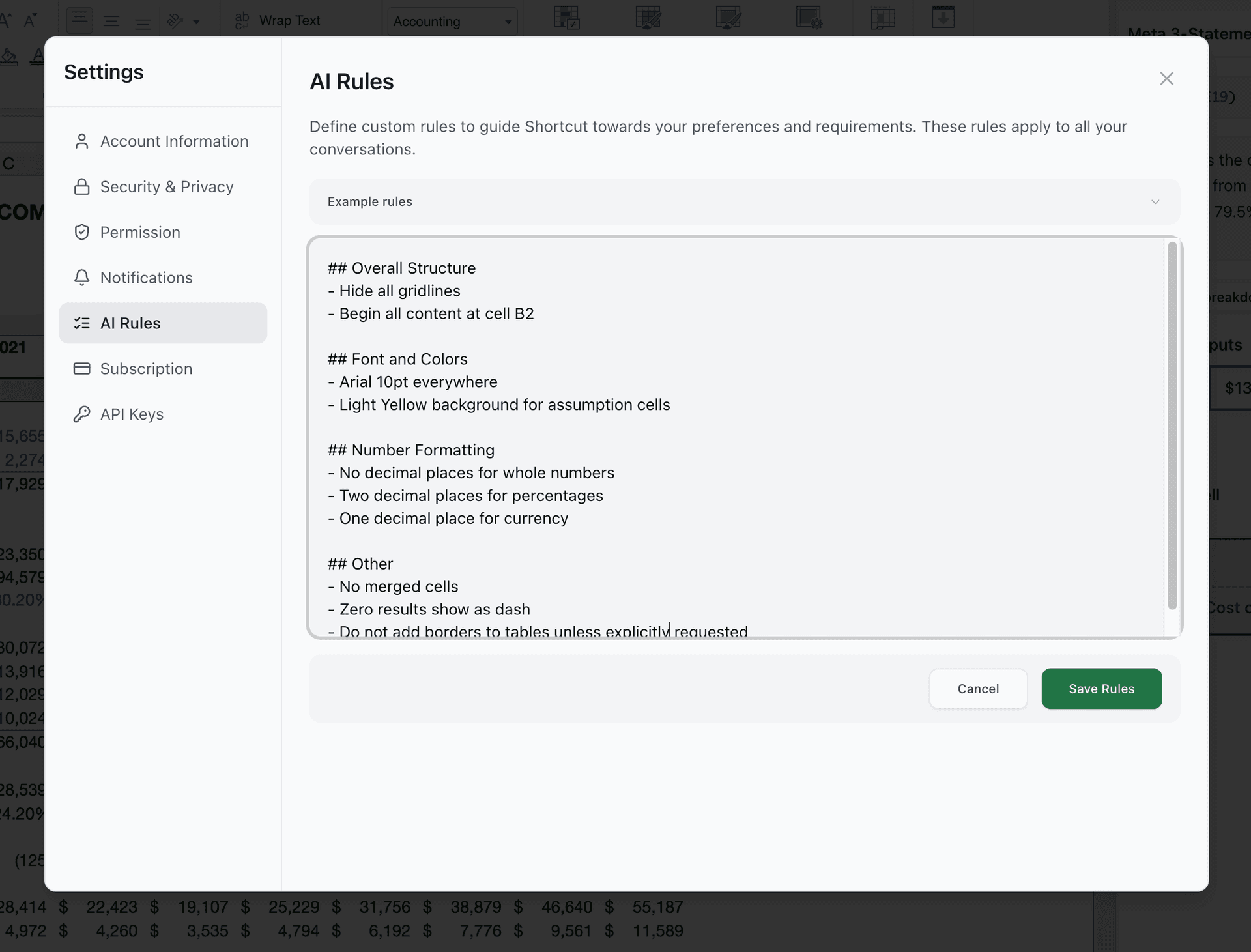 AI Rules settings panel showing example rules for formatting including Overall Structure, Font and Colors, Number Formatting, and Other preferences