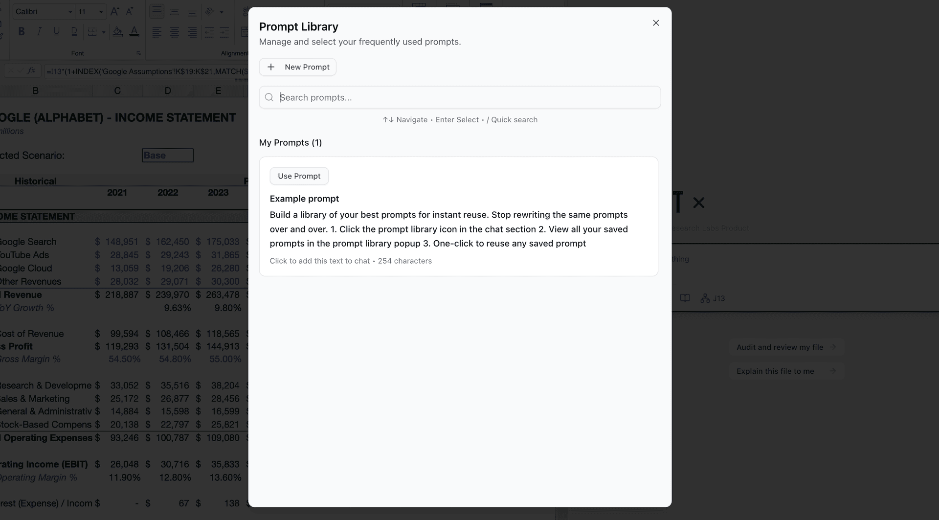 Prompt Library popup showing saved prompts with search functionality, New Prompt button, and an example prompt with instructions for building a reusable prompt library