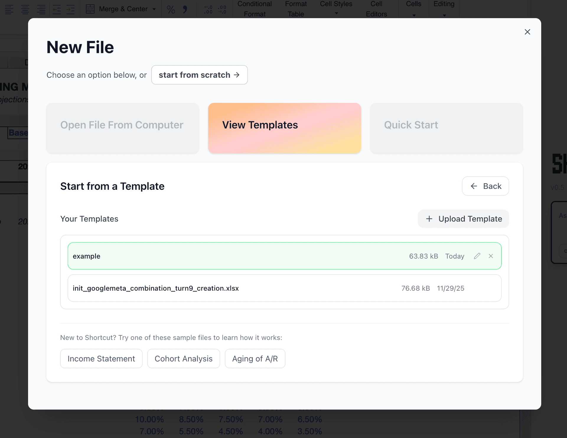New File dialog showing View Templates tab with user templates like 'example' and sample templates including Income Statement, Cohort Analysis, and Aging of A/R