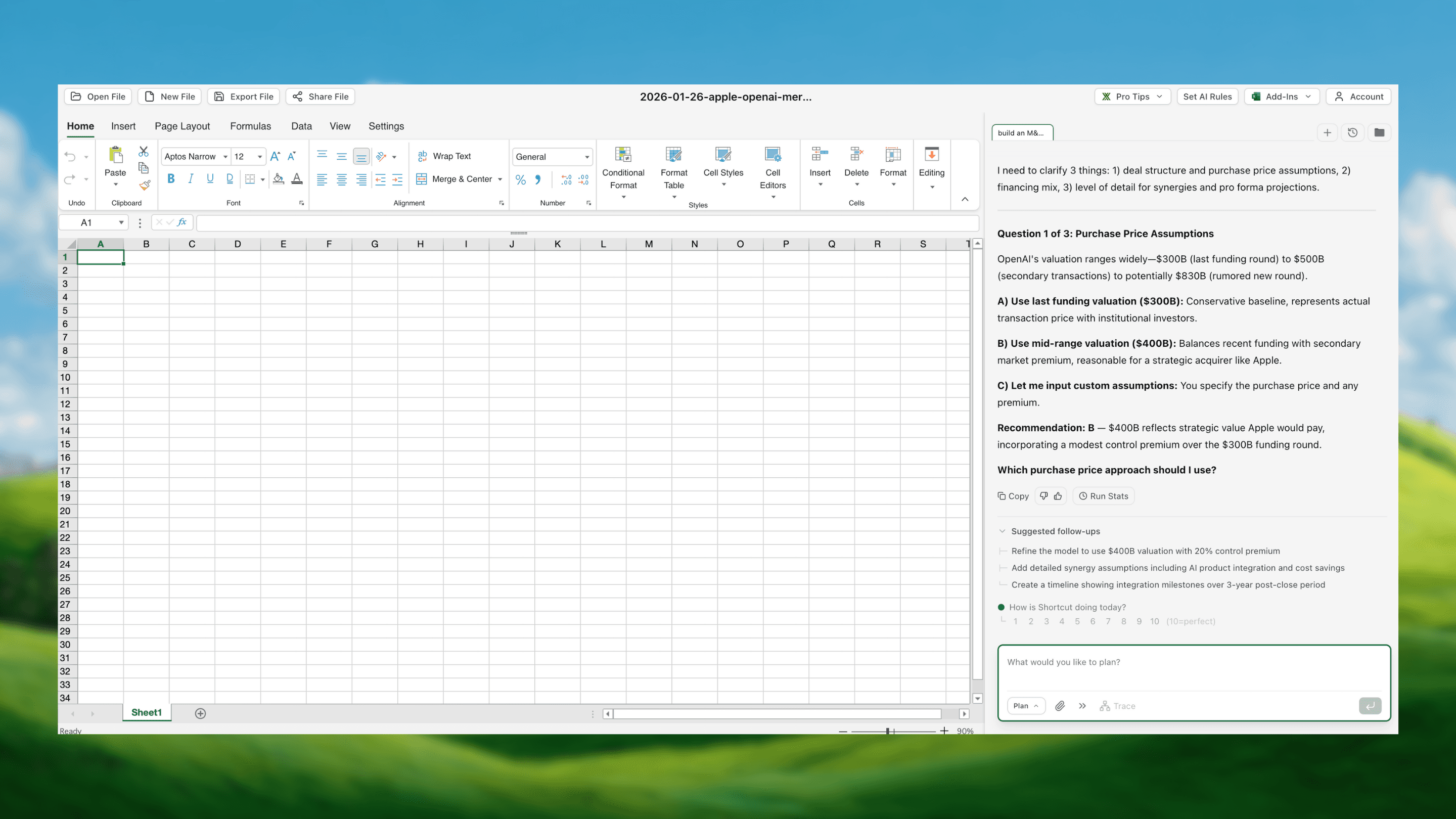 Shortcut Plan Mode showing recommendations and approach options for building an M&A model
