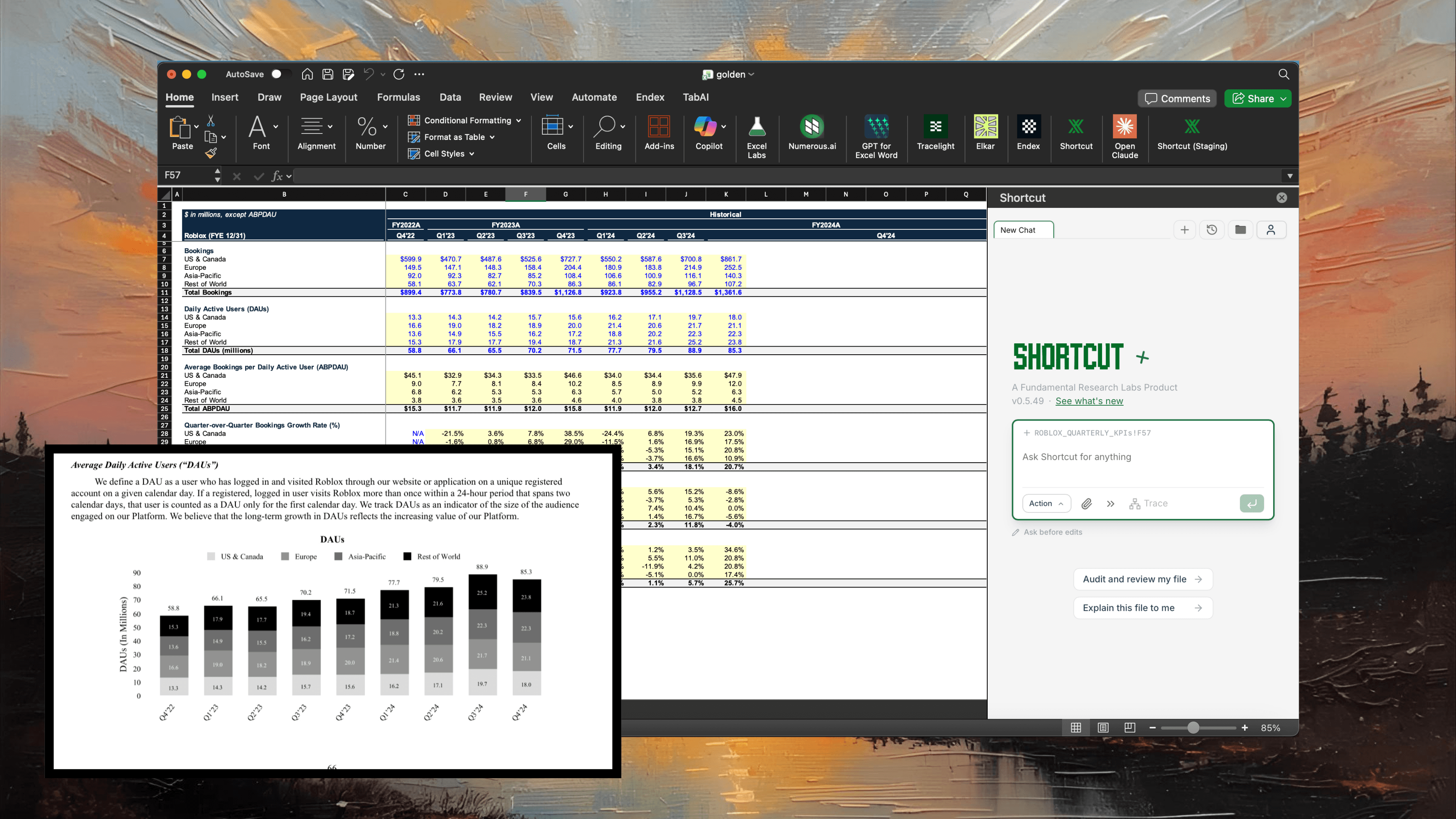 Roblox 10-K extraction comparison between Claude and Shortcut
