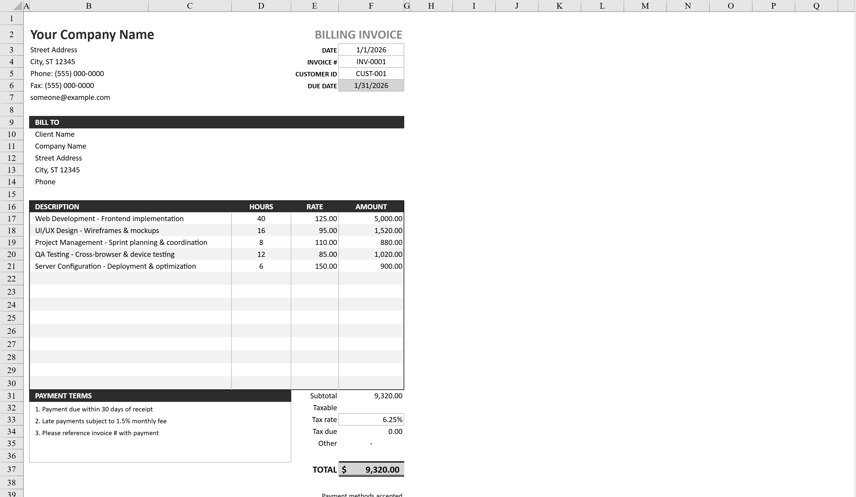 Free Invoice Template for Excel | Shortcut