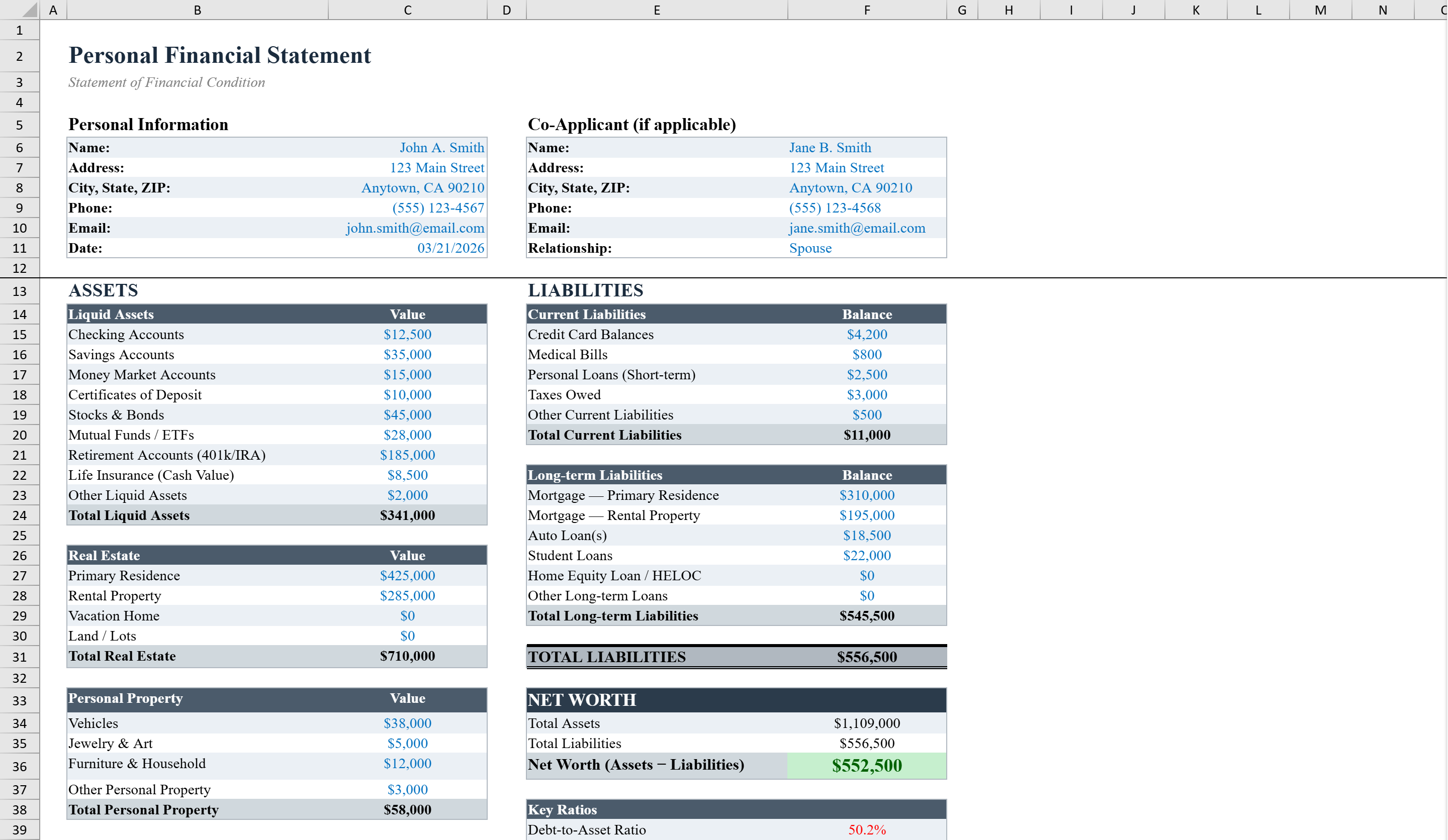 Free Personal Financial Statement for Excel | Shortcut