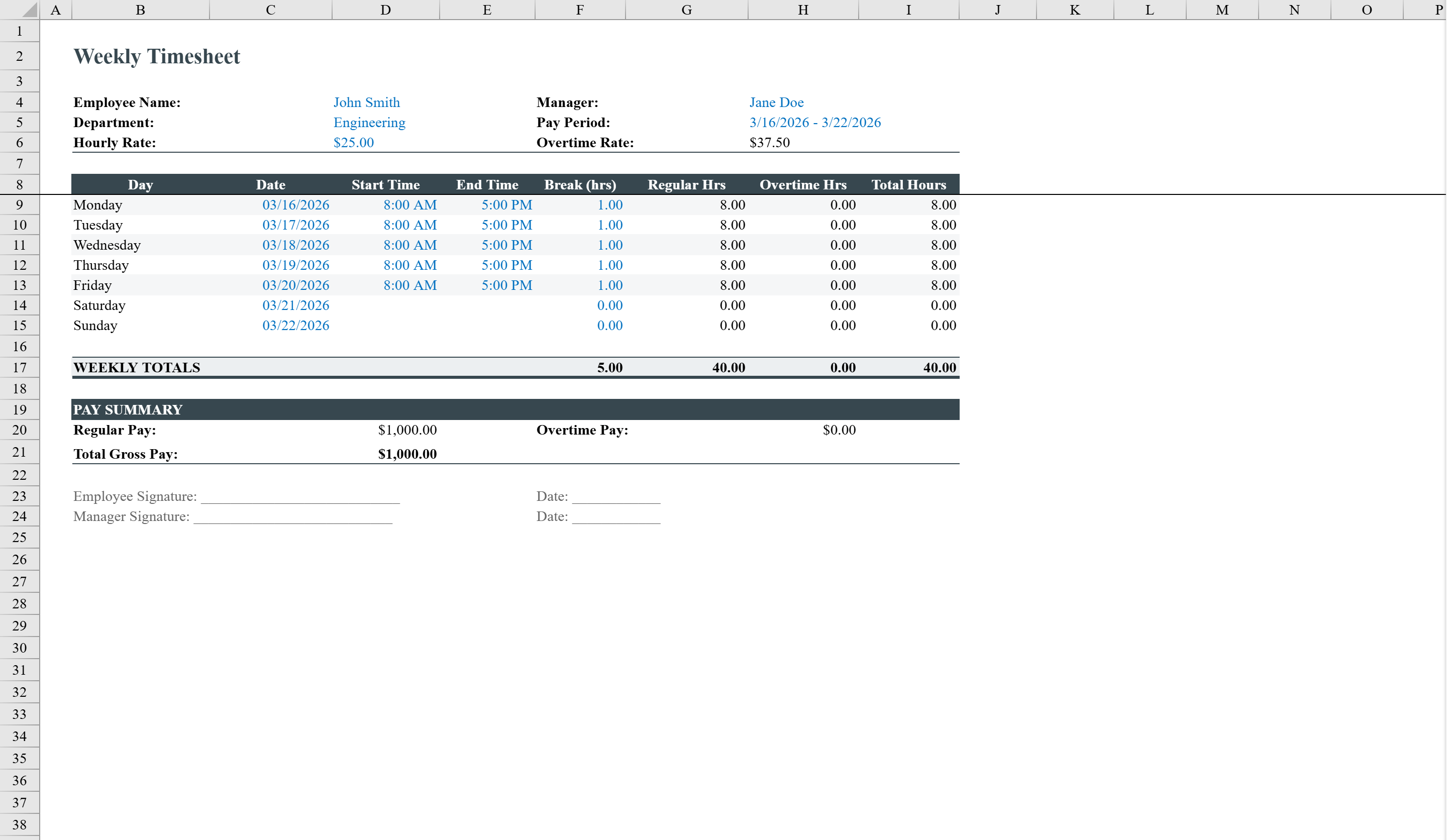 Free Timesheet Template for Excel | Shortcut