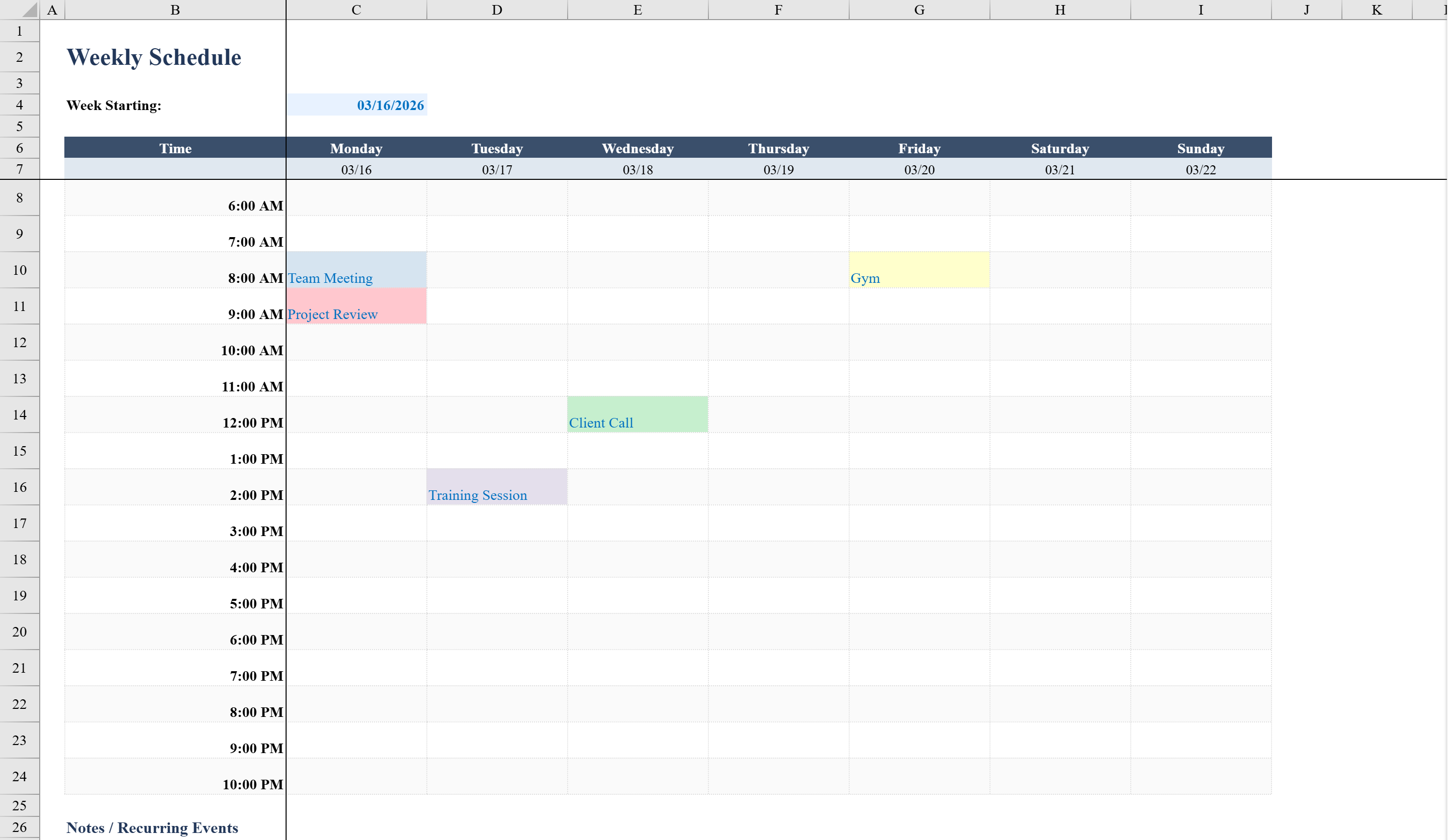 Free Weekly Schedule Template for Excel | Shortcut