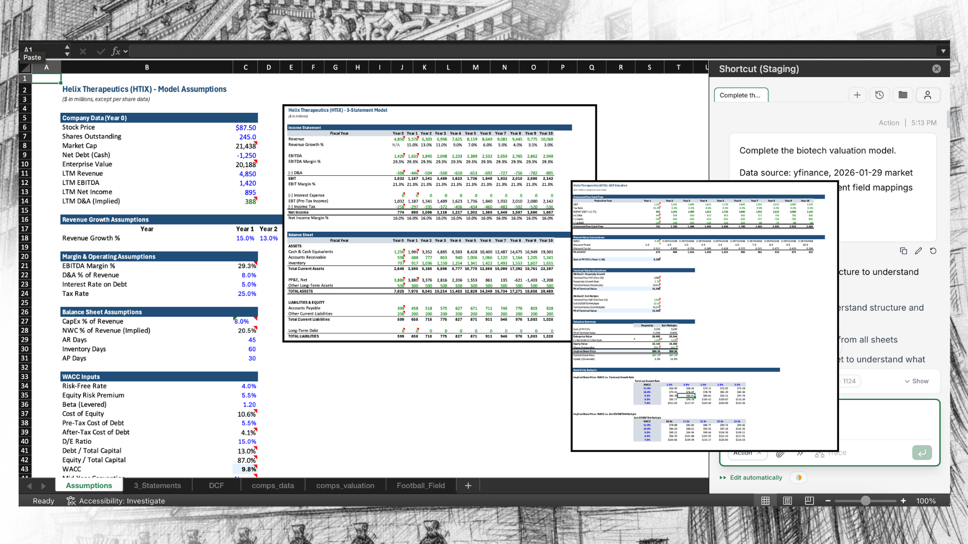 Complete valuation model showing DCF, comps, and football field summary