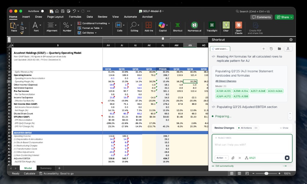 Quarterly operating model with adjusted EBITDA reconciliation being populated from earnings PDFs